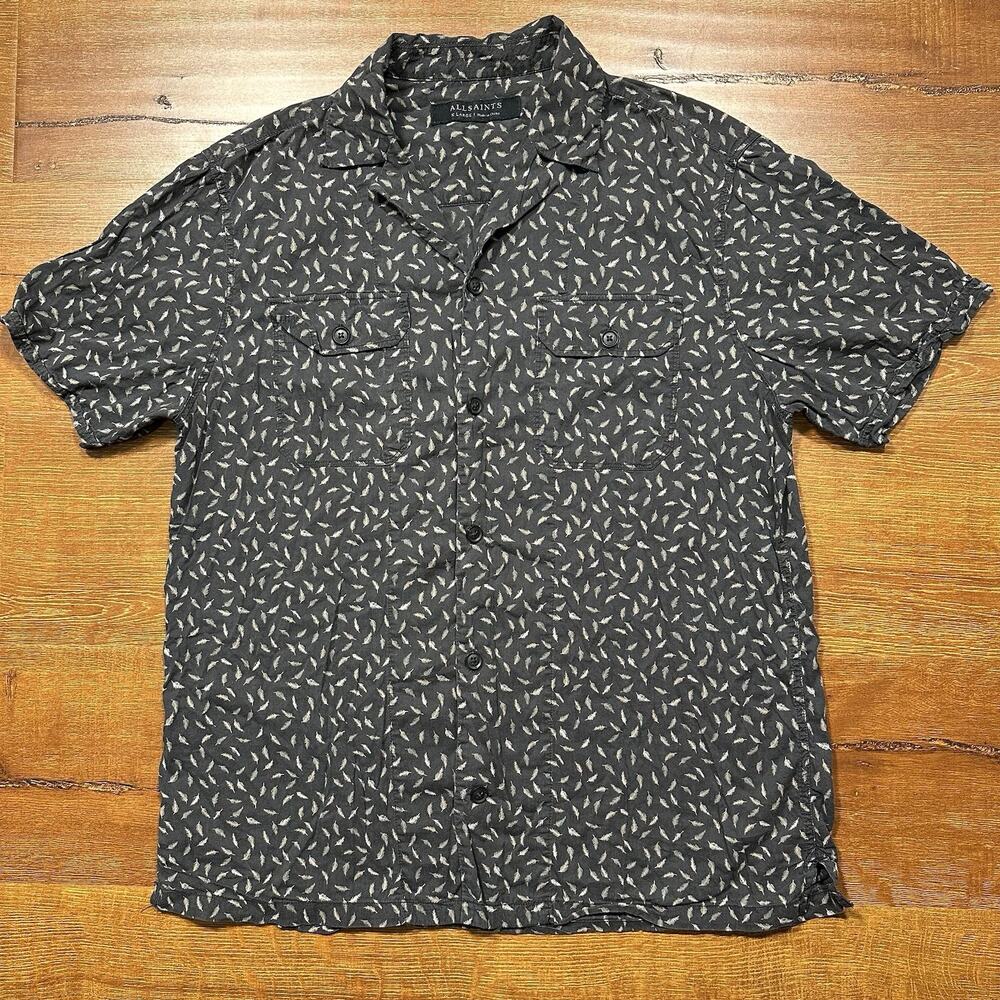 All Saints Button Up Shirt Mens L Black Short Sleeve Feather Camp Collar Alt
